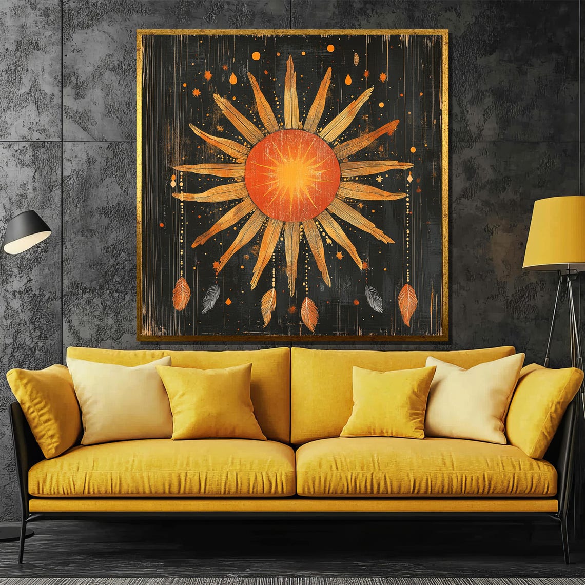 Boho Sunburst Painting Mystic Sun And Feathers Wall Art Spiritual Celestial Decor Unique Gift For Astrology Lovers