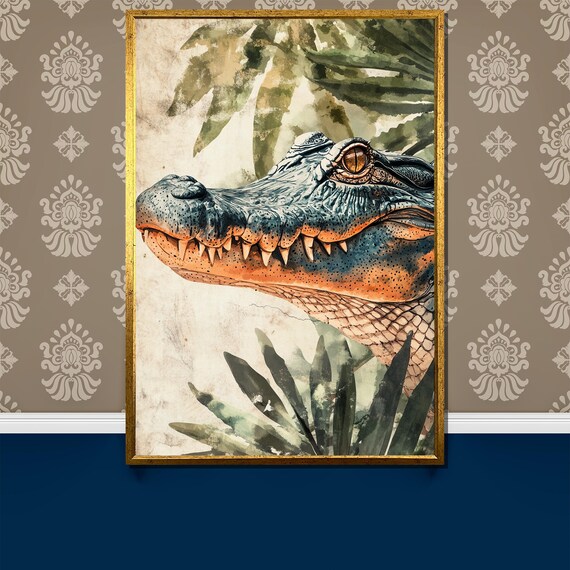 Alligator Watercolor Portrait Jungle Leaves Wildlife Art Poster