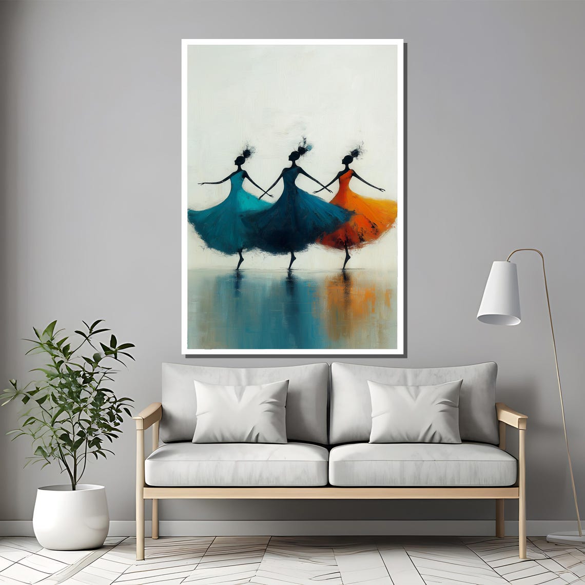 Three Dancers in Teal Orange Dresses Elegant Dance Art Poster - Image 2