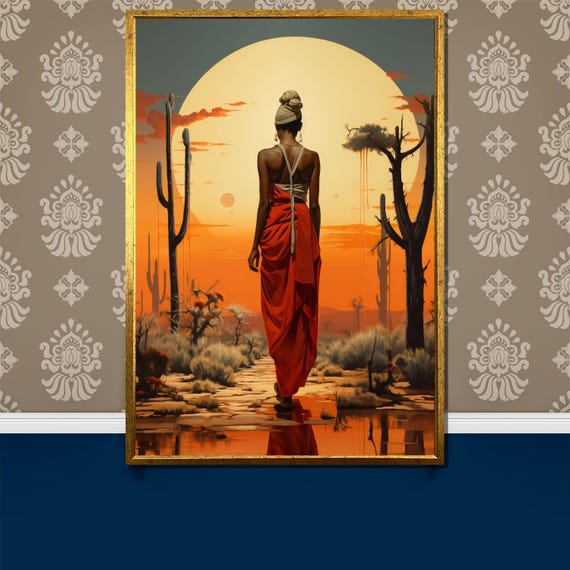 Desert Moonlight Painting Of Woman Walking Into The Horizon Serene Sunset Landscape Wall Art Ethereal Gift For Home Decor