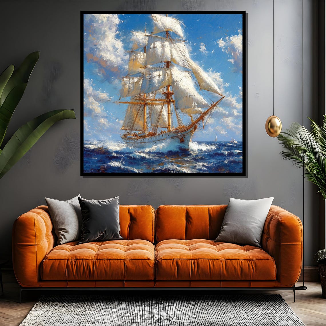 Tall Ship Full Sails Open Ocean Blue Sea Painting Canvas Poster - Image 4