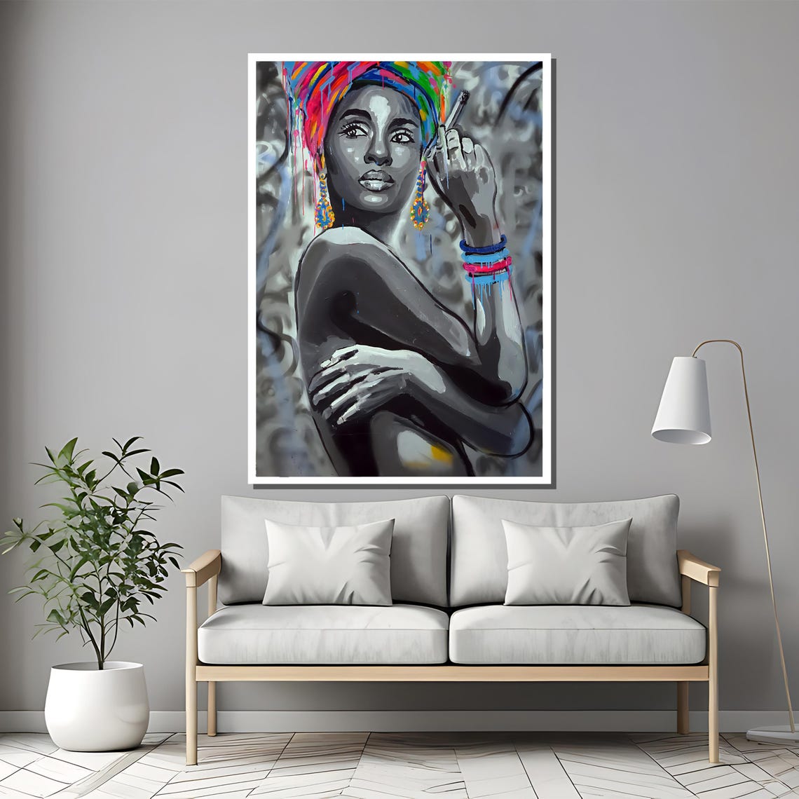 Monochrome Woman With Dripping Rainbow Headwrap Urban Art Poster - Image 2