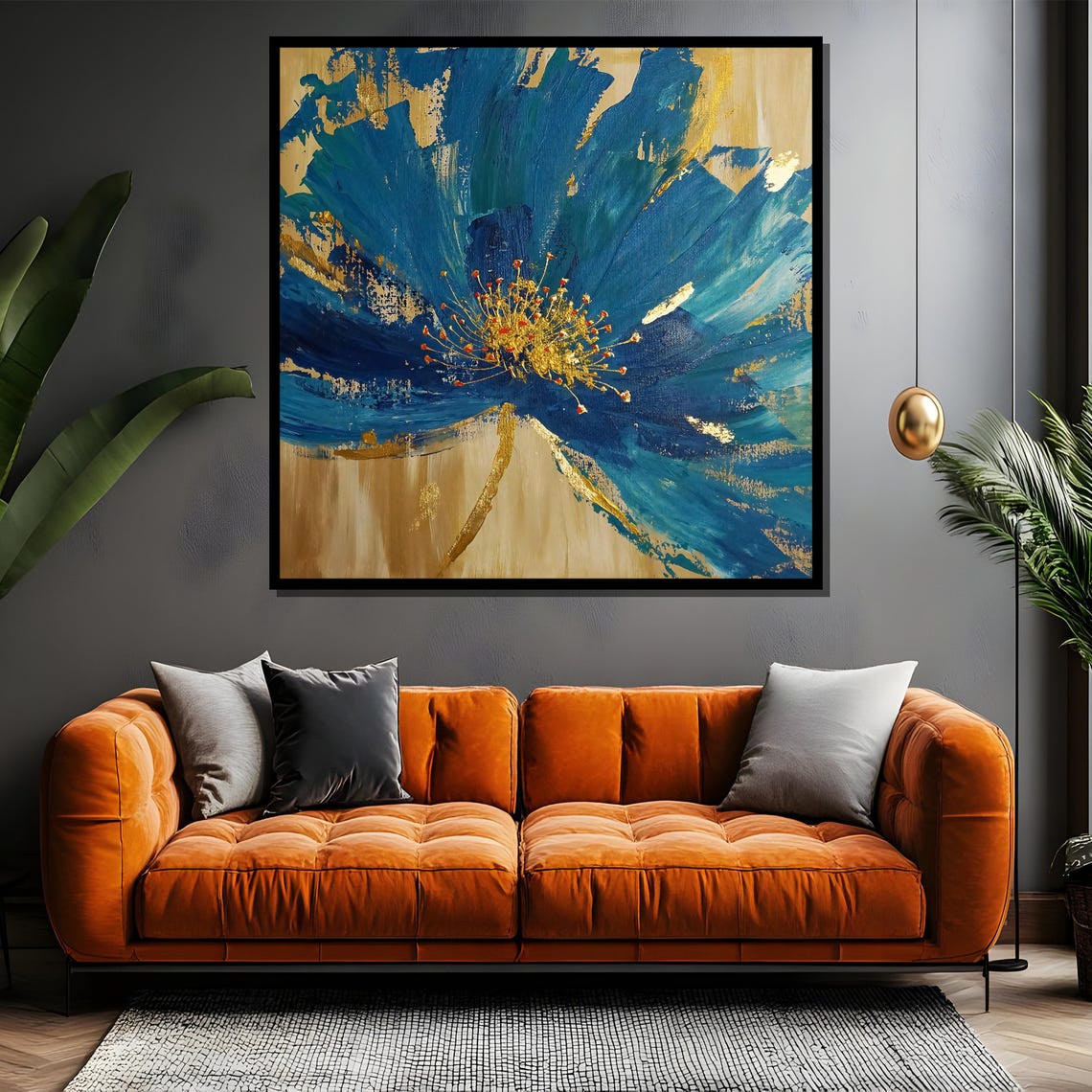 Abstract Blue Flower With Gold Center Modern Floral Art Poster - Image 4