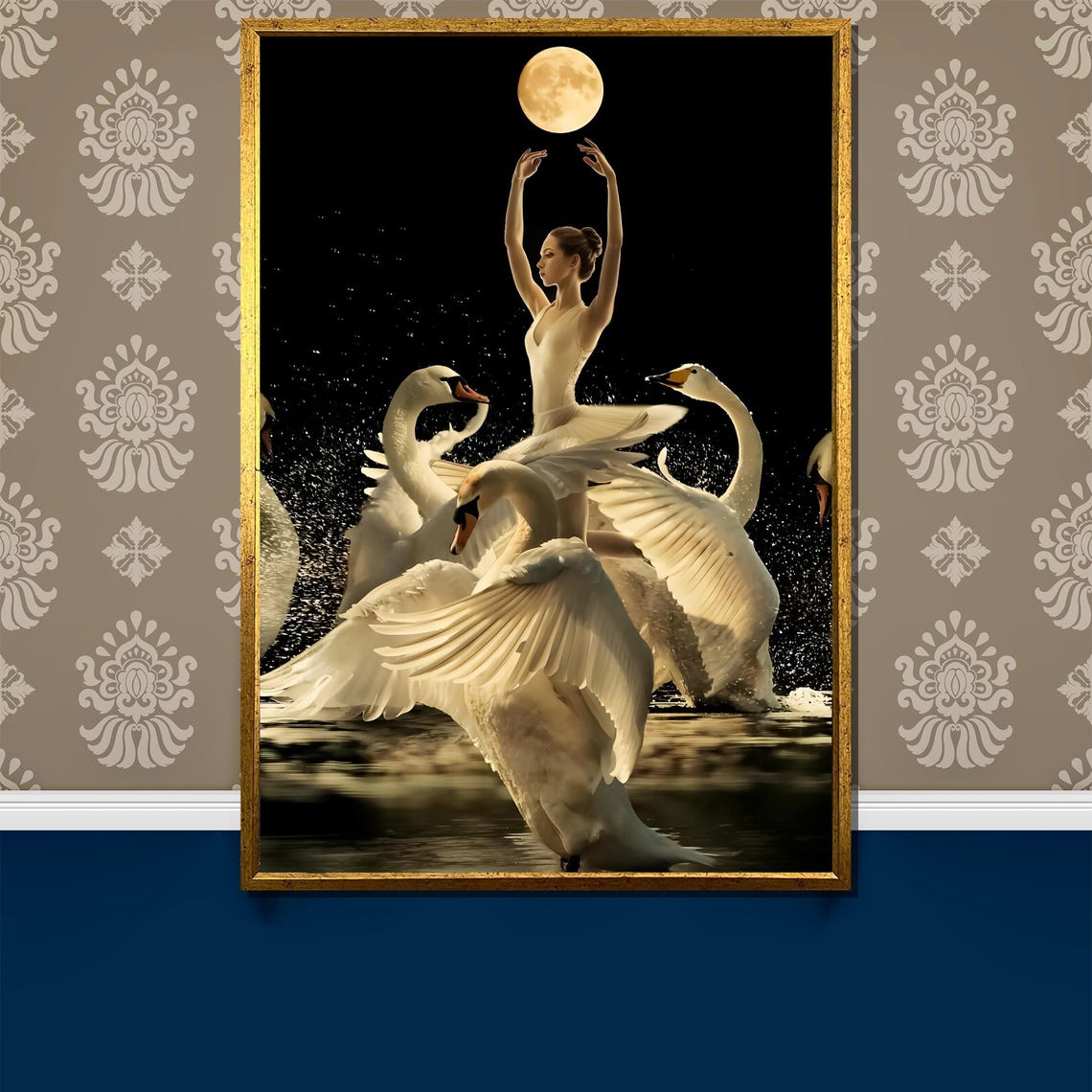 Ballerina Dancing with White Swans Under Full Moon Night Art Poster