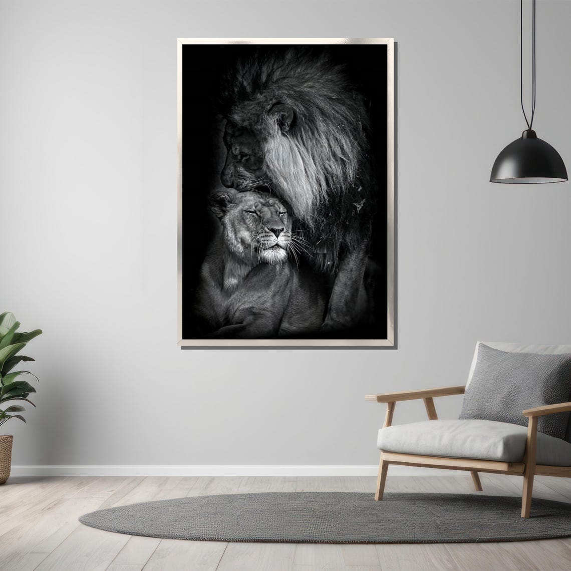 Tender Lion And Lioness Embrace In Dramatic Black And White Poster - Image 3