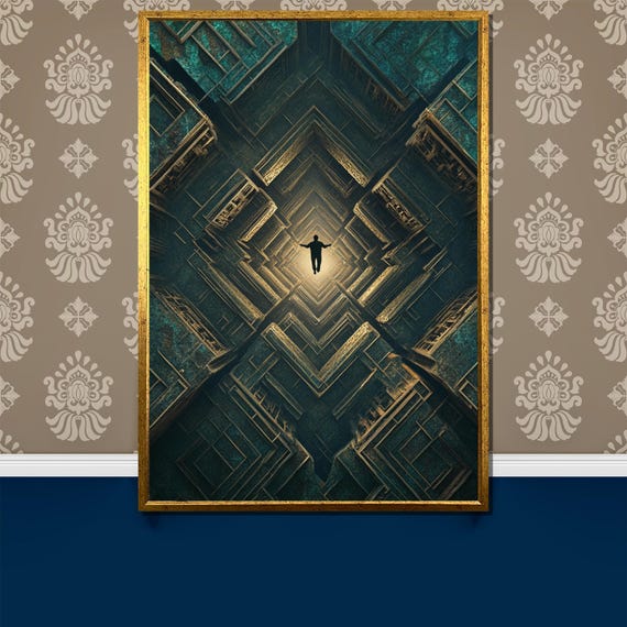 Surreal Floating Man Painting Abstract Geometric Art Futuristic Sci Fi Wall Decor Mystical Light Portal Artwork Unique Gift