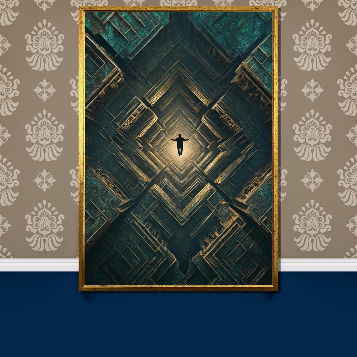 Floating Silhouette in a Dark Geometric Light Tunnel Art Poster