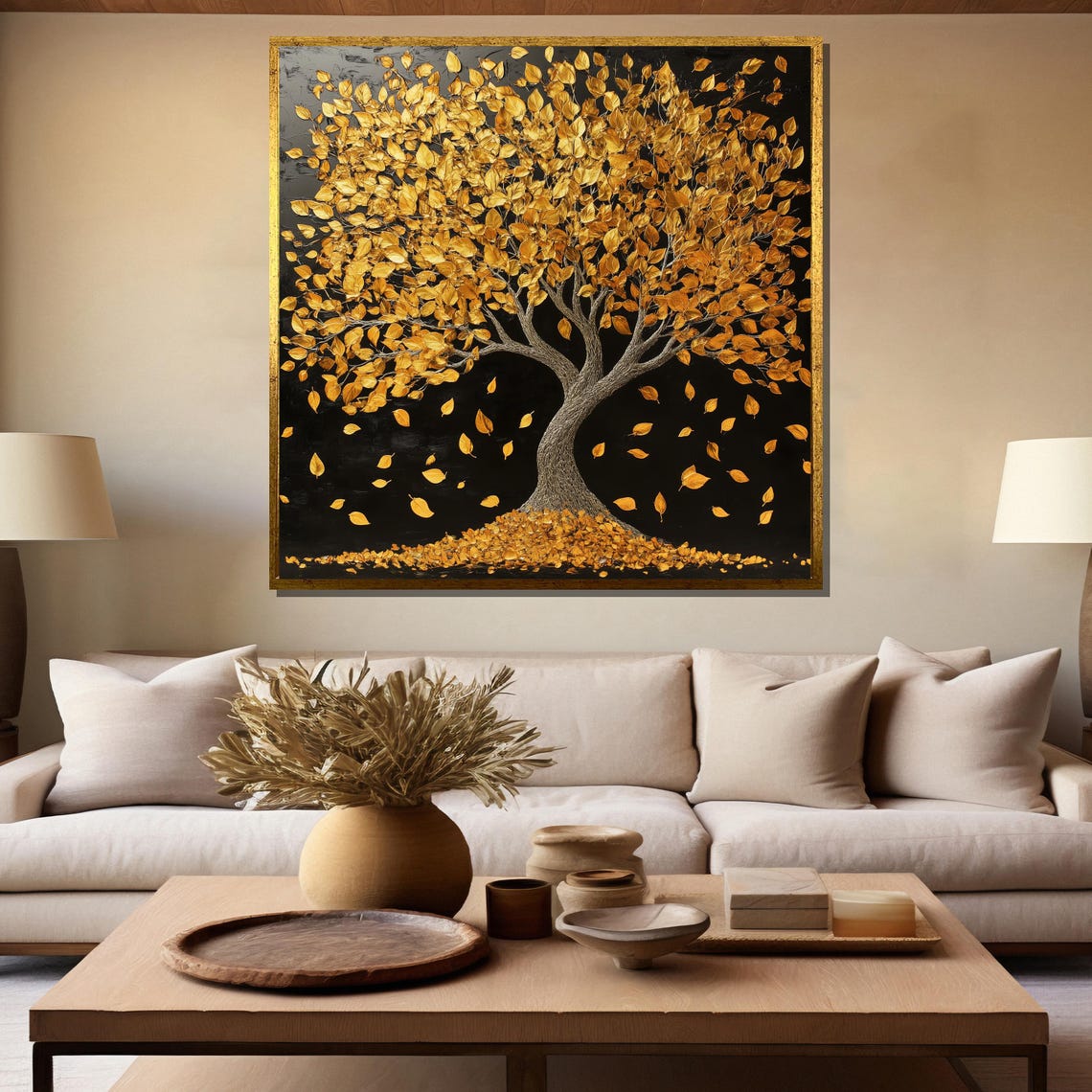 Golden Autumn Tree With Falling Leaves On Black Night Poster - Image 5