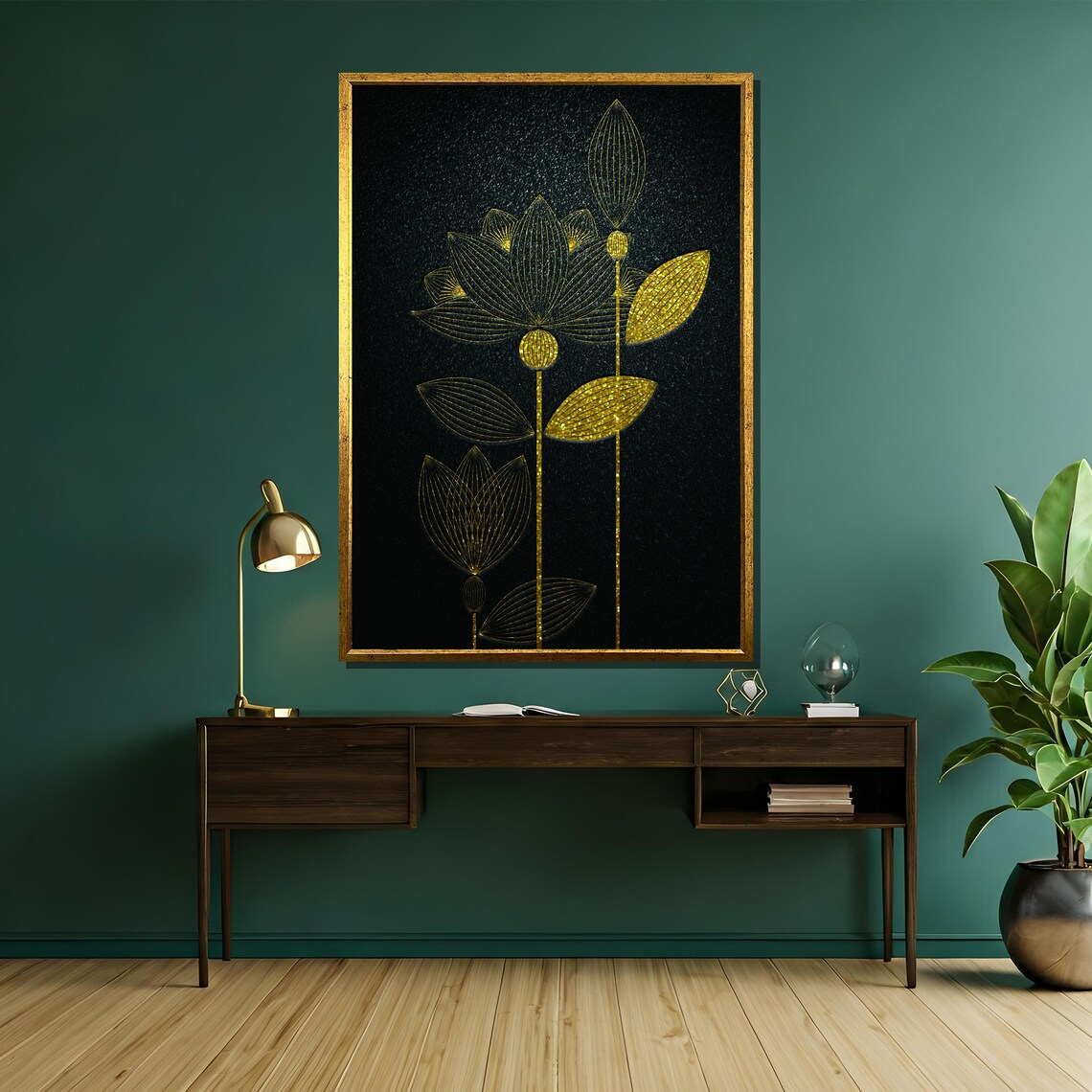 Minimalist Gold Lotus Line Art On Black Dark Background Poster - Image 5