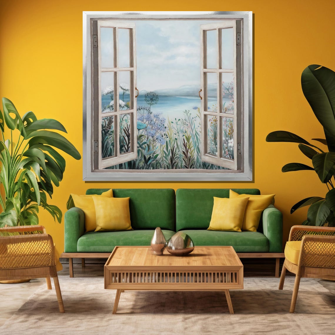 Open Window Lake Garden Wildflowers Serene View Landscape Poster - Image 3