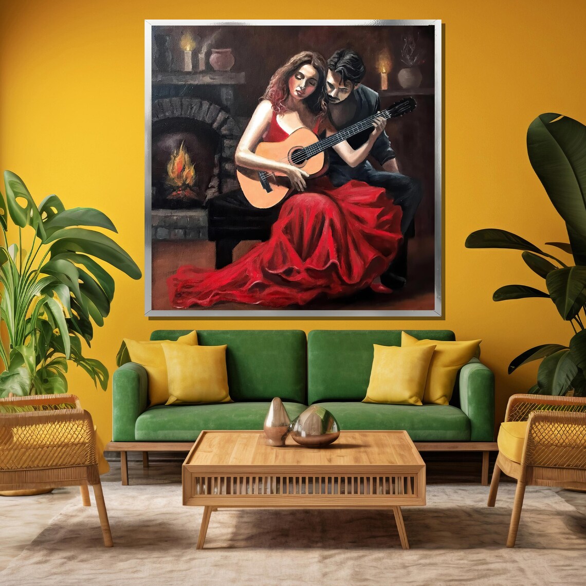 Romantic Guitar Serenade Couple By Fireplace Red Dress Poster - Image 3