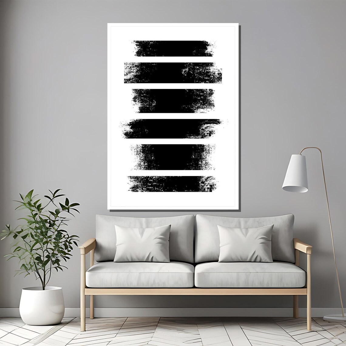 Six Black Grunge Brush Stripes Minimalist Black and White Art Poster - Image 2