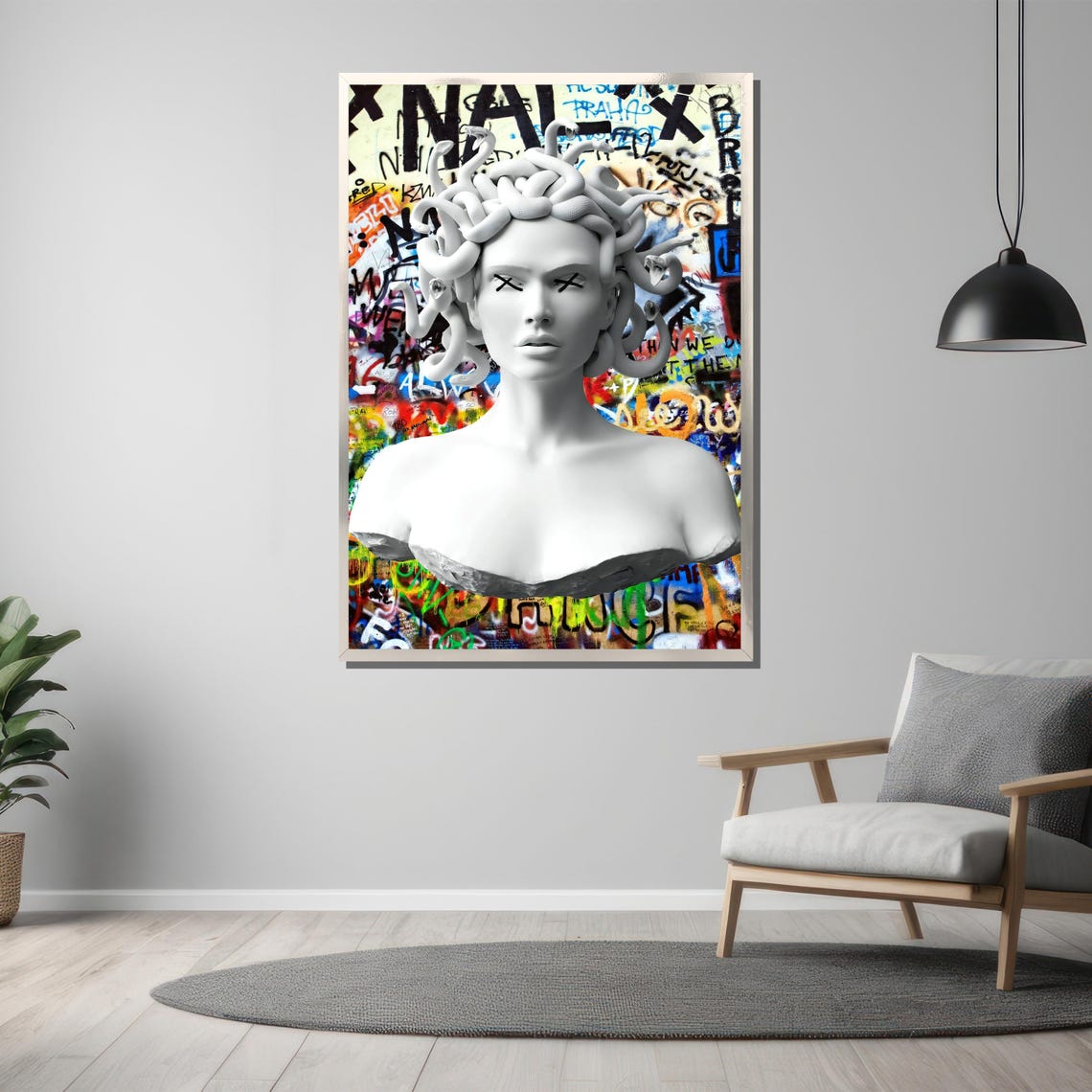White Medusa Marble Bust Against Colorful Graffiti Wall Poster - Image 3
