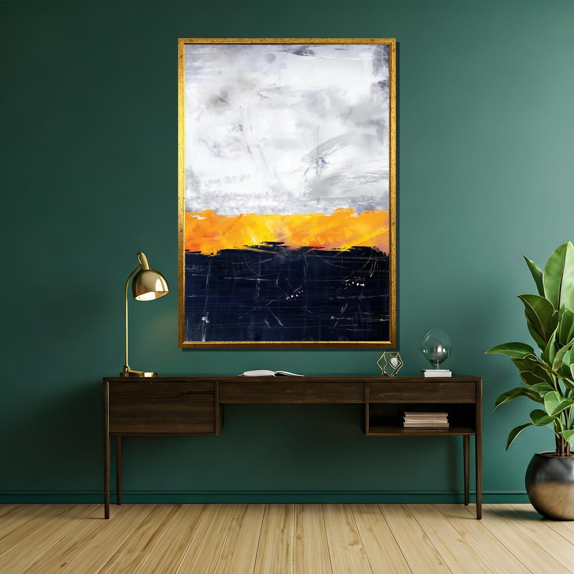 Modern Abstract Horizon Painting Captivating Blend Of Cloudy White Bold Yellow And Deep Blue Art Gift For Any Interior Decor - Image 5
