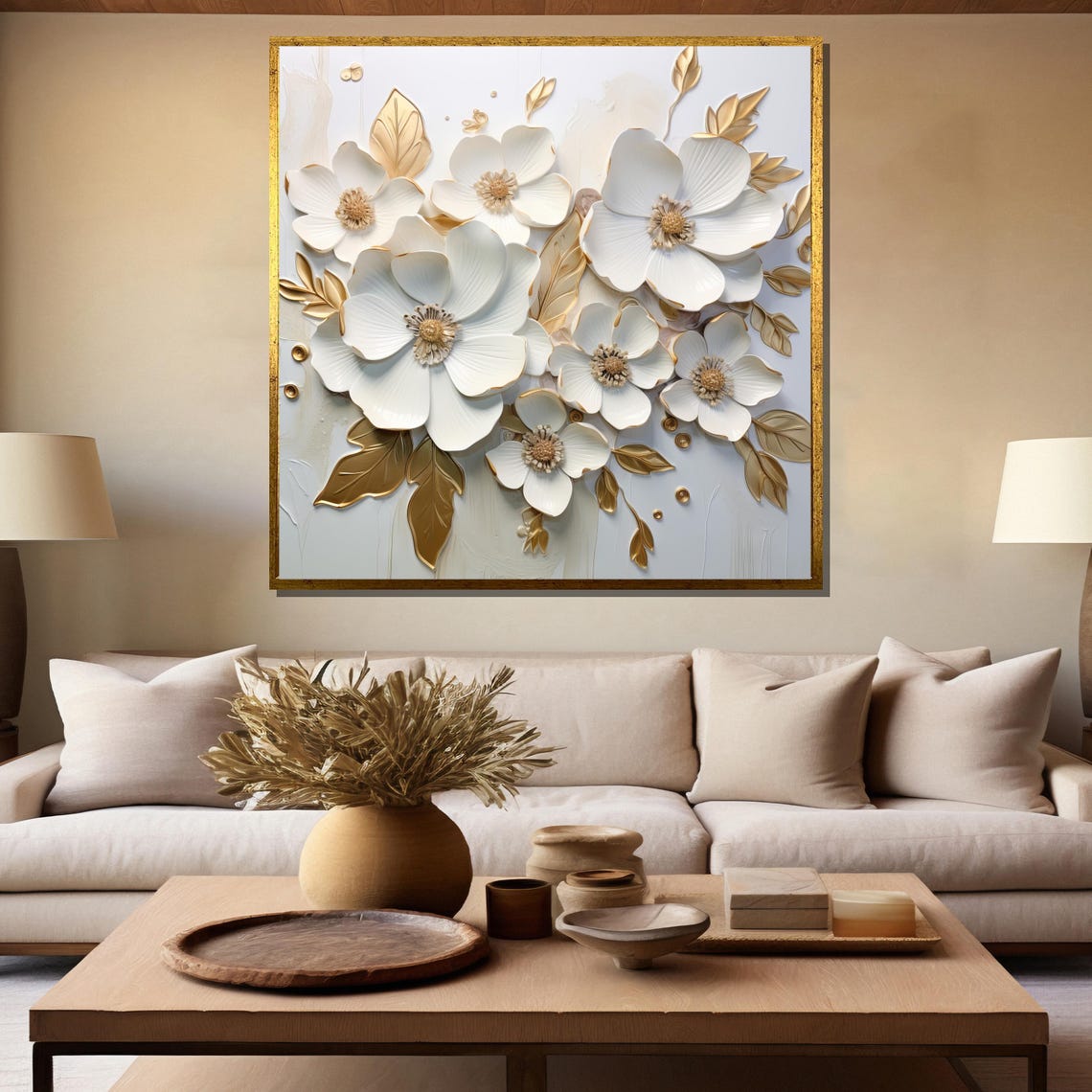 White Blossoms With Gold Outlines Elegant 3D Floral Art Poster - Image 5
