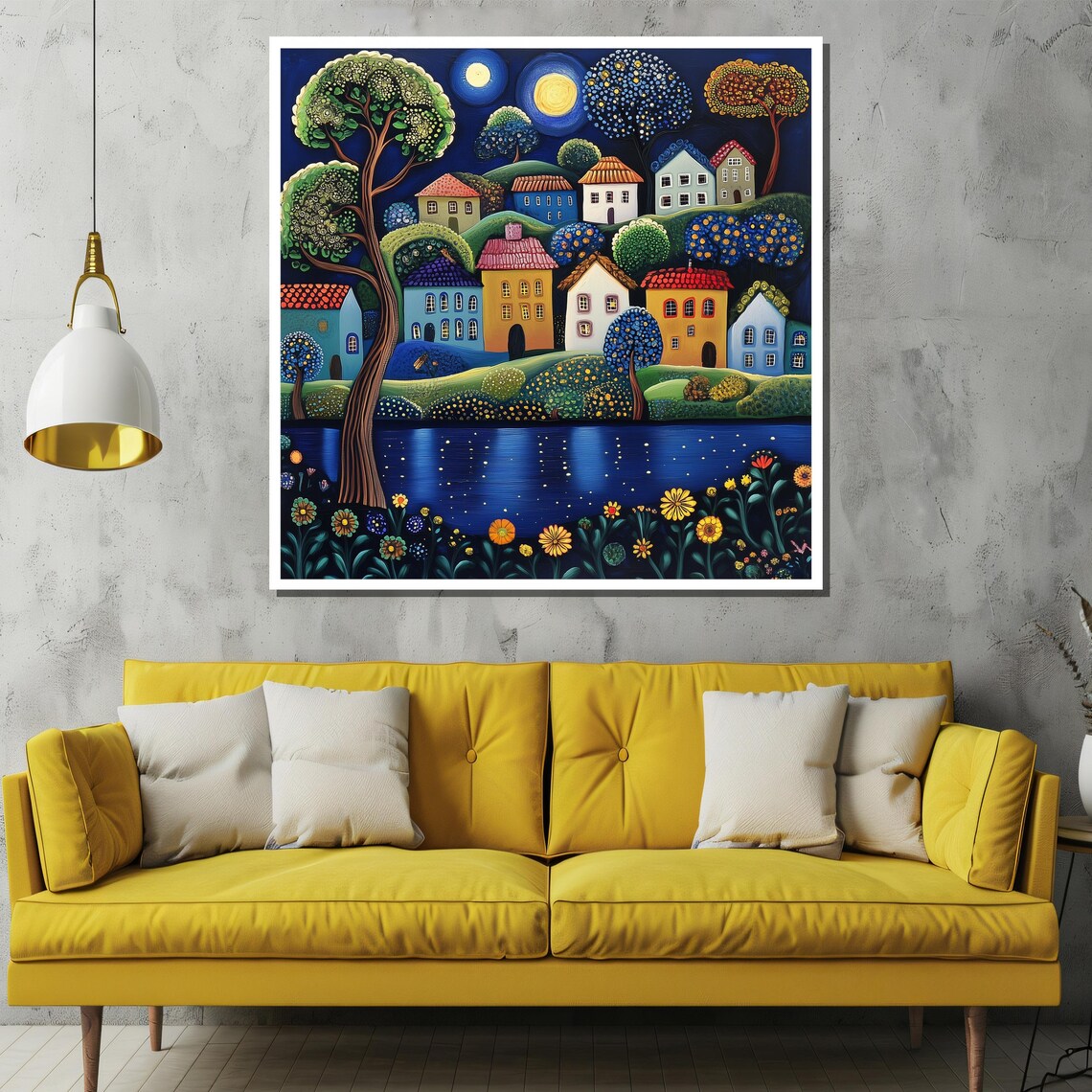 Moonlit Fairytale Village by the Lake in Folk Art Style Poster - Image 2