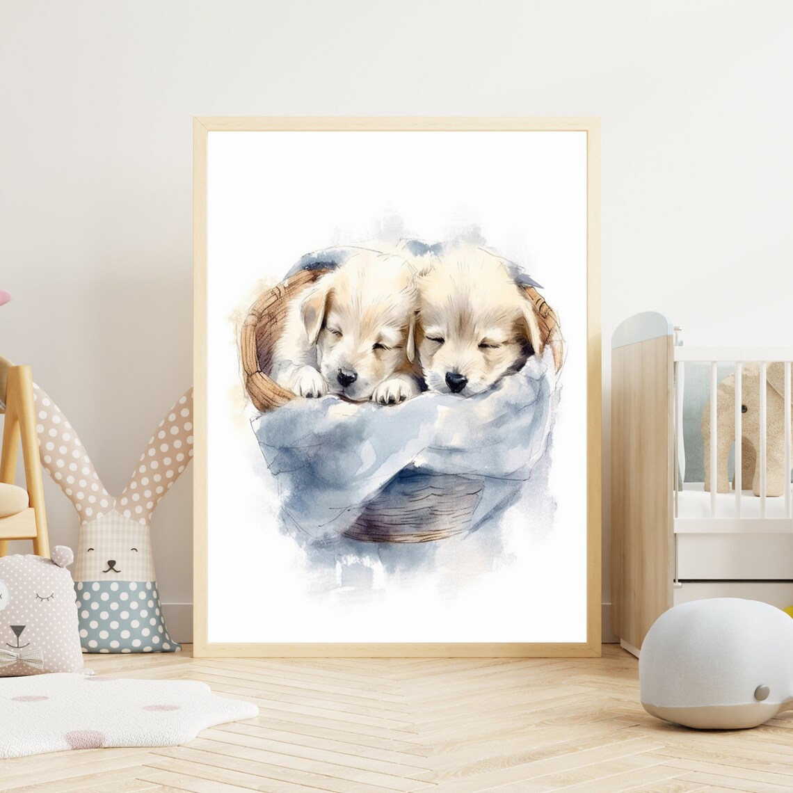 Sleeping Golden Retriever Puppies Watercolor Nursery Animal Poster