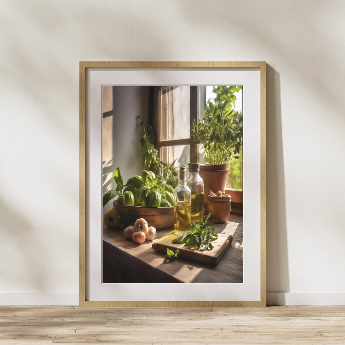 Sunlit Windowsill Olive Oil Basil Garlic Kitchen Still Life Poster