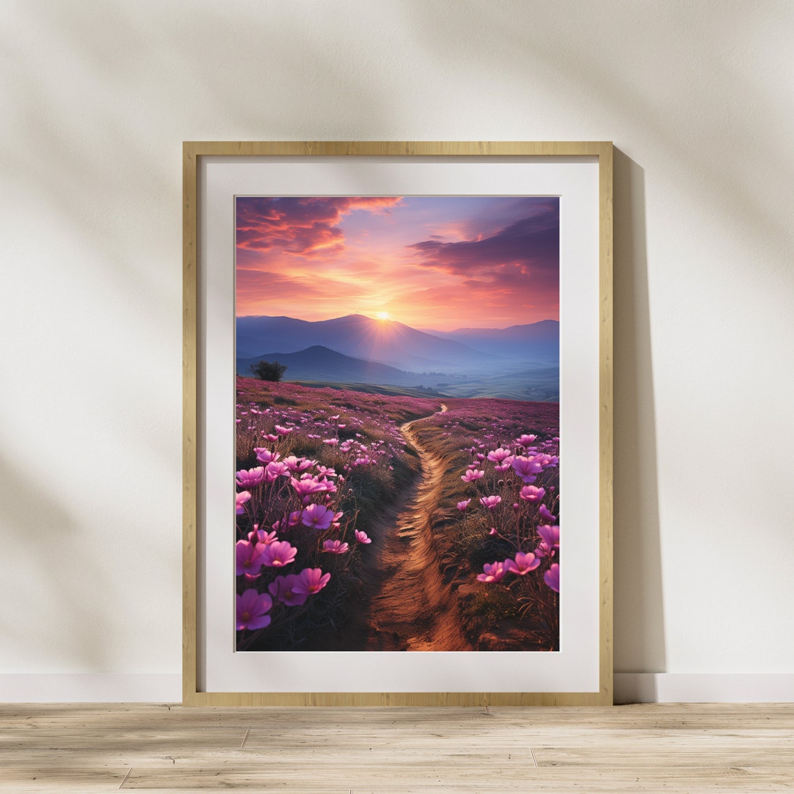 Sunset Mountain Path Pink Wildflower Field Nature Scenic Poster