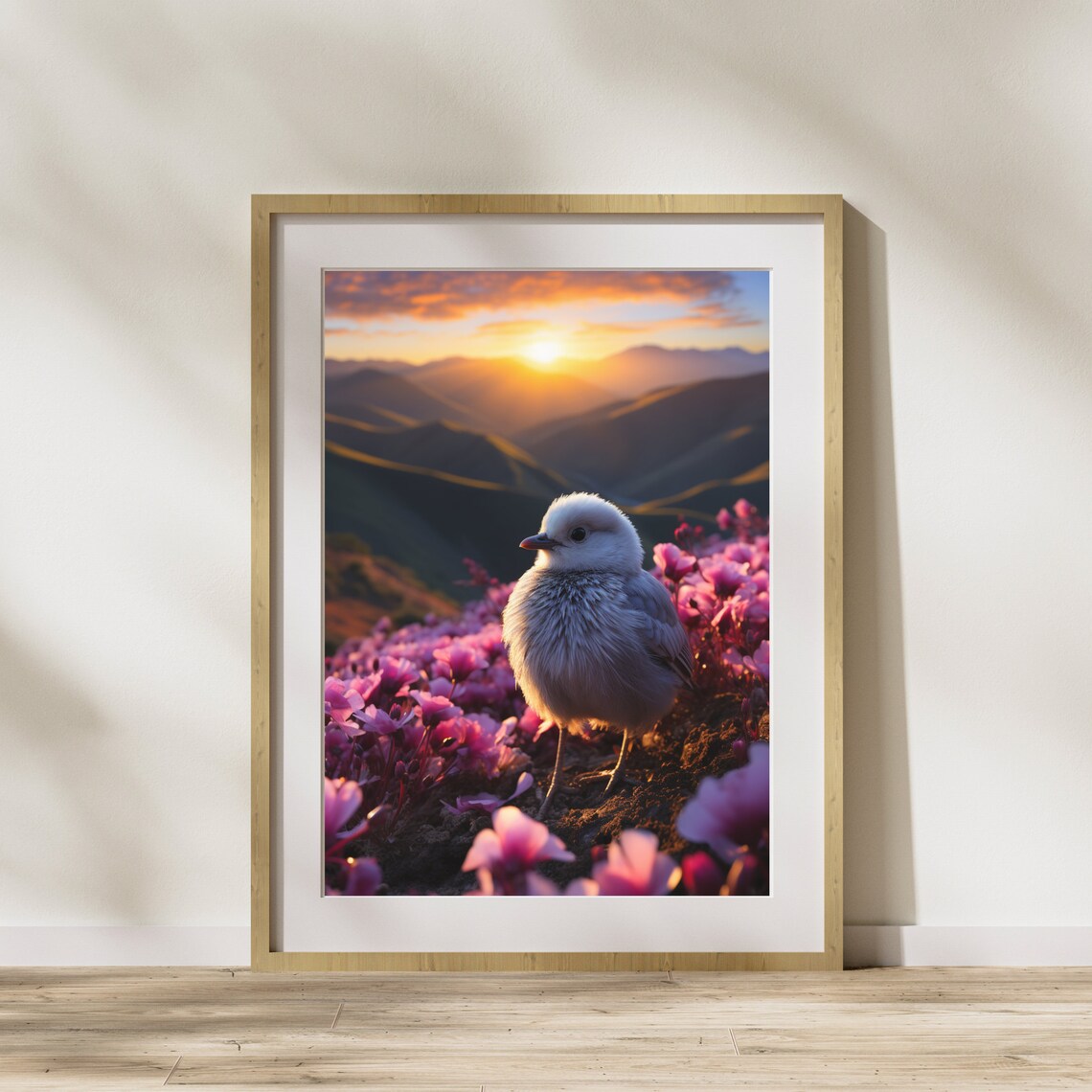 White Baby Bird Pink Flower Field Sunrise Wildlife Nature Poster