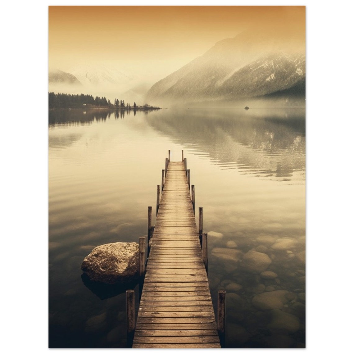 Serene Wooden Pier Into Misty Mountain Lake Calm Dawn Poster - Image 2