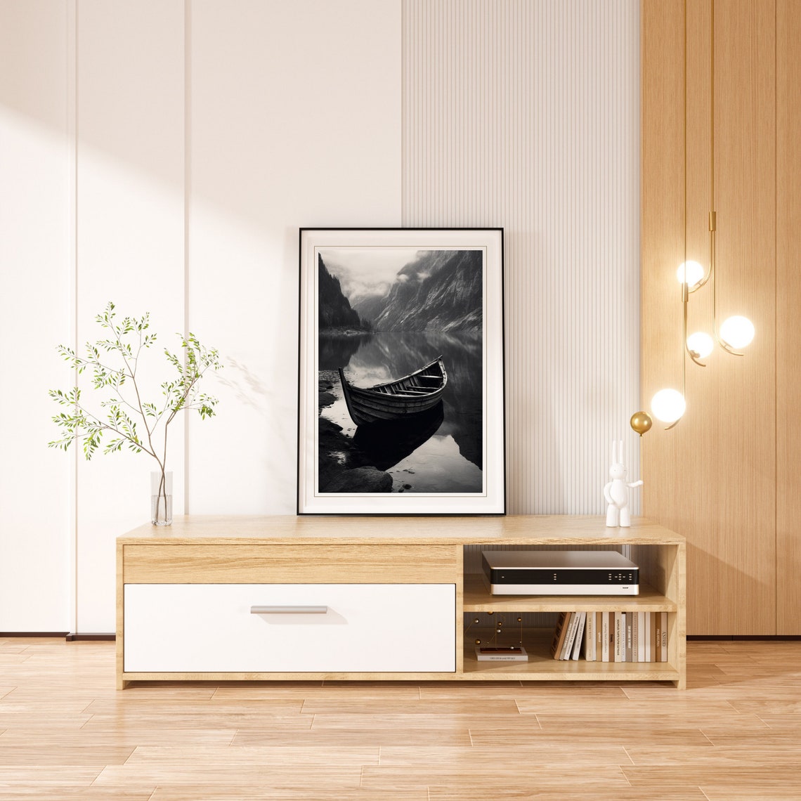Old Wooden Rowboat Black White Misty Mountain Lake Art Poster - Image 4
