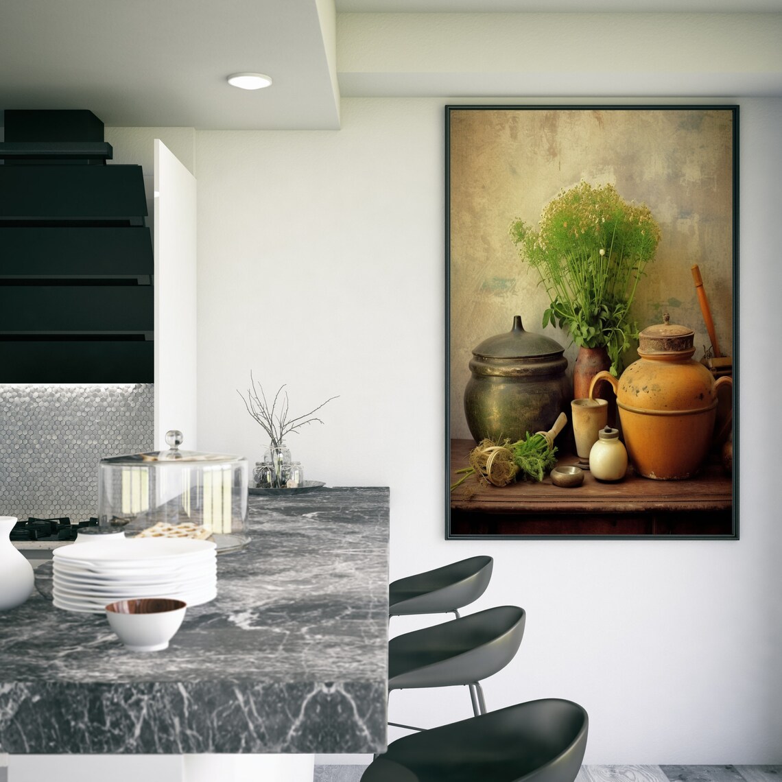 Rustic Pottery Jars Green Herbs Vintage Still Life Wall Poster - Image 3