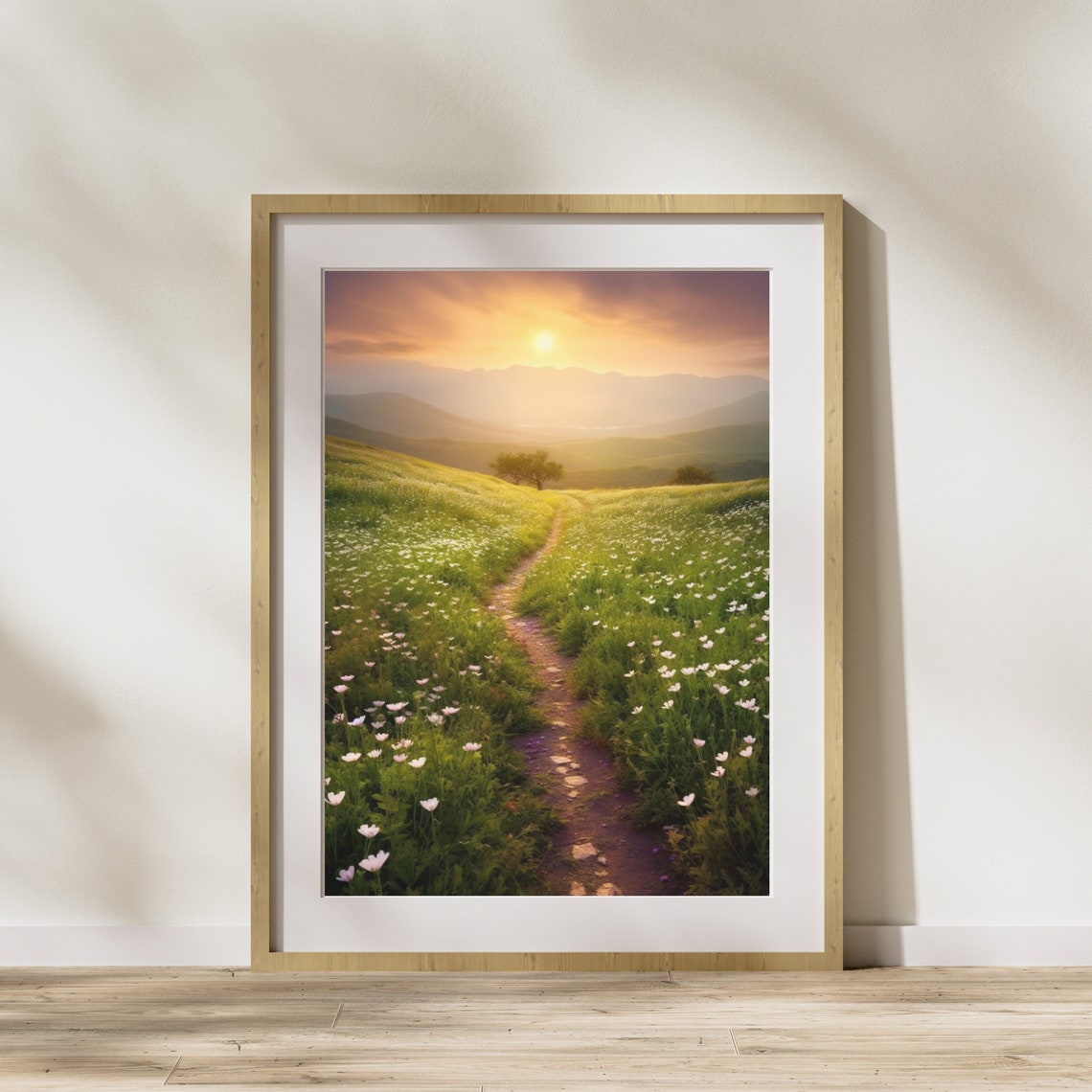 Sunlit Wildflower Meadow Path At Sunrise With Mountains Poster
