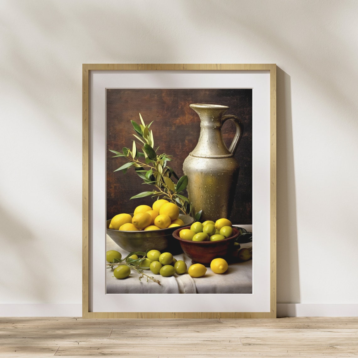 Vintage Metal Jug Lemons Olives Rustic Still Life Art Poster