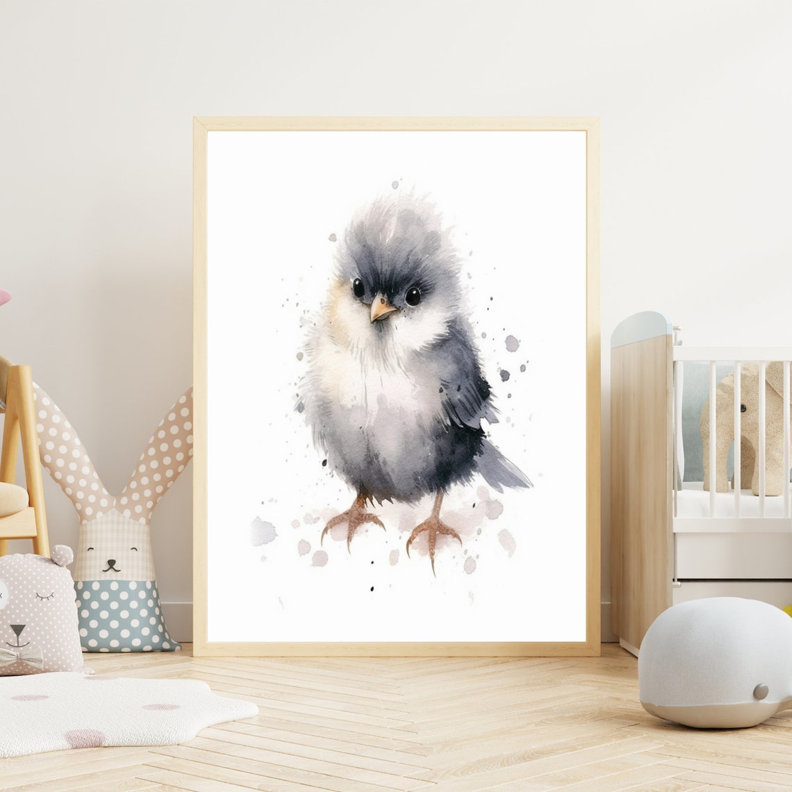 Cute Fluffy Grey Baby Bird Chick Watercolor Nursery Art Poster