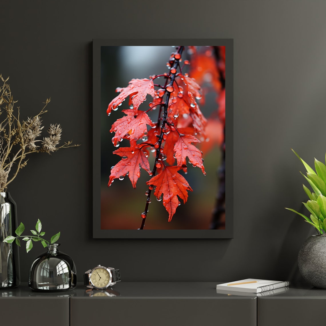 Red Maple Branch With Raindrops Macro Close Up Nature Autumn Poster - Image 4