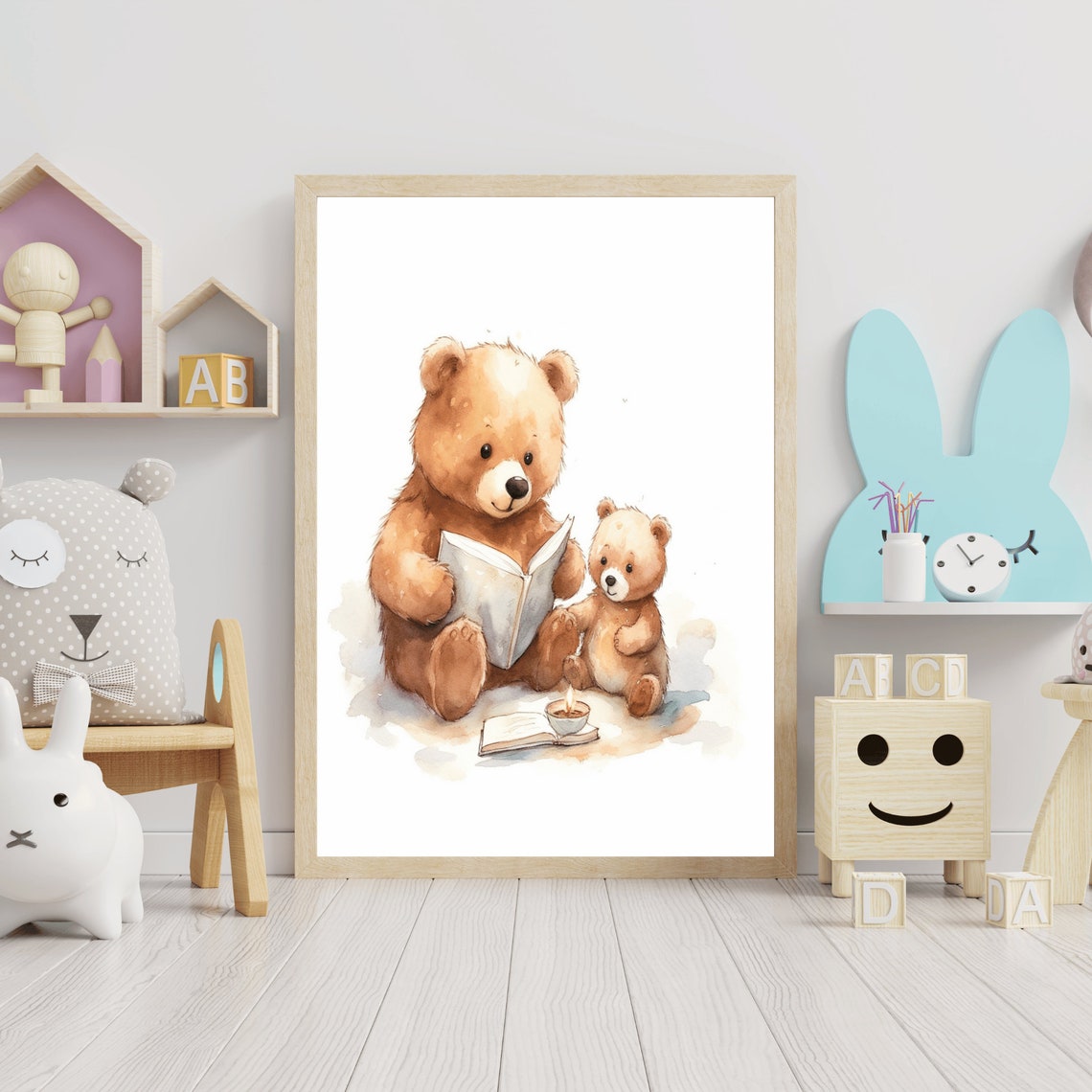 Teddy Bears Reading by Candlelight Watercolor Nursery Art Poster - Image 3