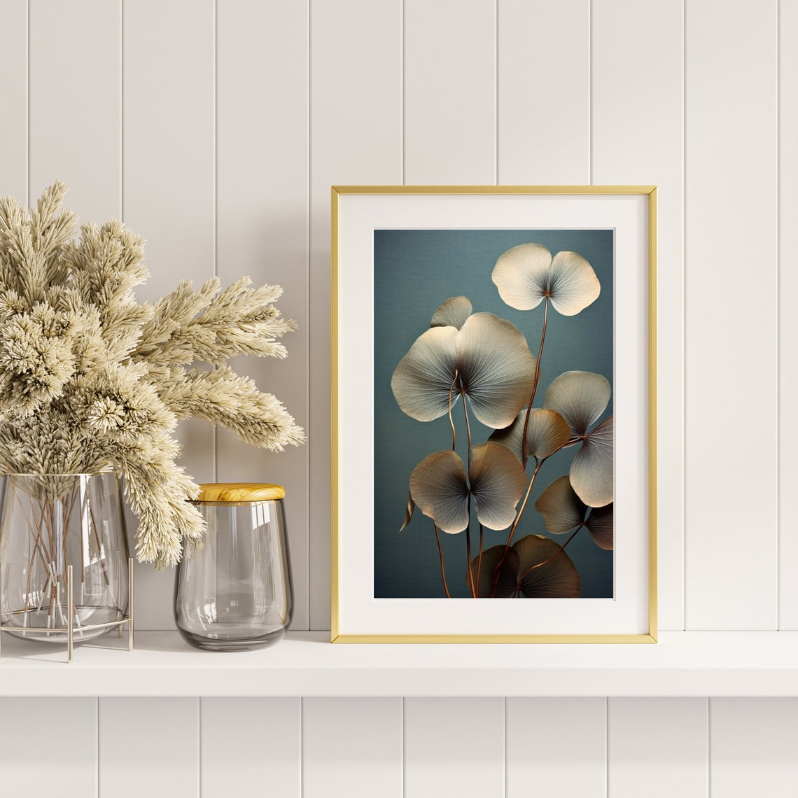 Fan Shaped Botanical Leaves Teal Background Minimal Modern Wall Art - Image 4