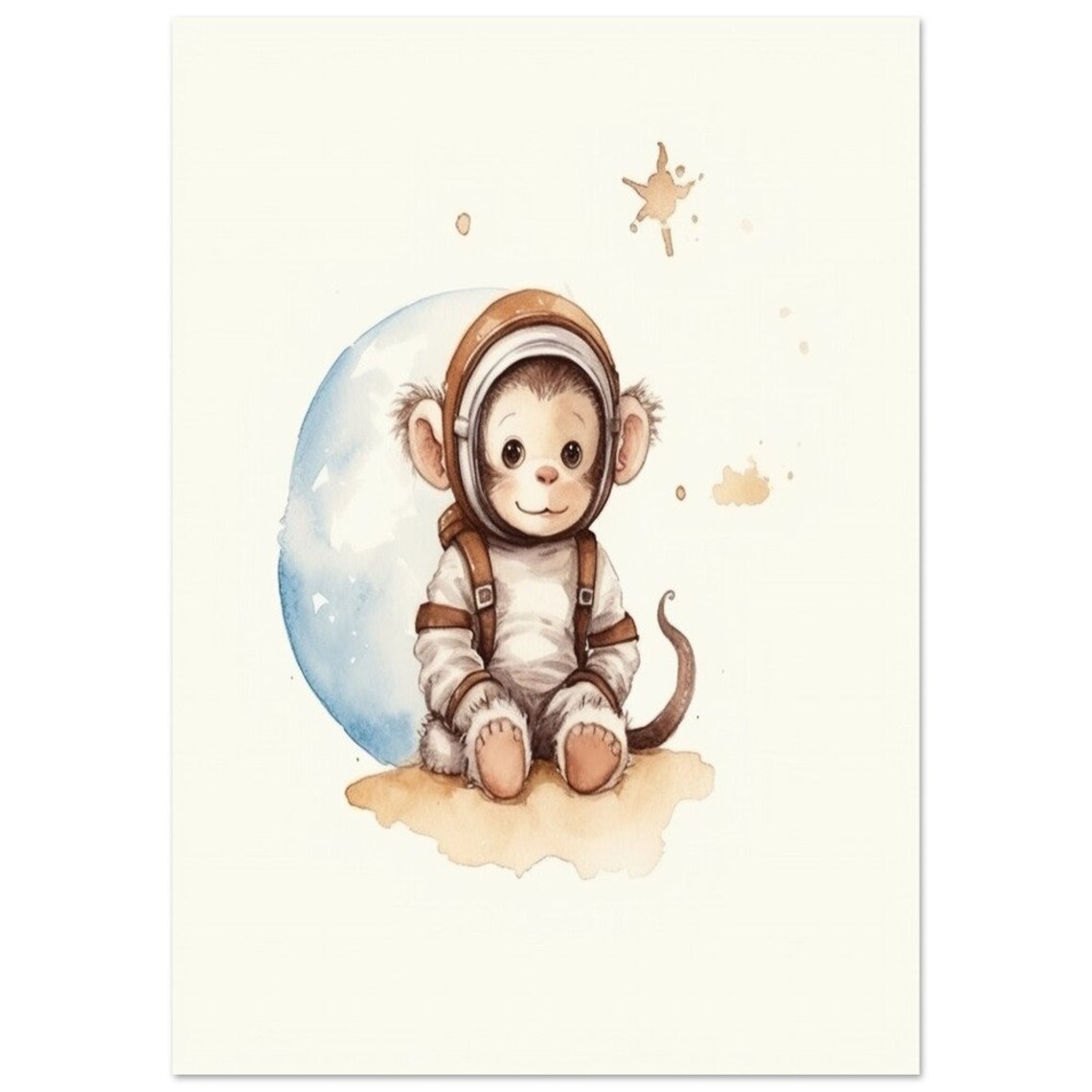 Cute Baby Monkey Astronaut In Front Of Moon Watercolor Nursery Poster - Image 2