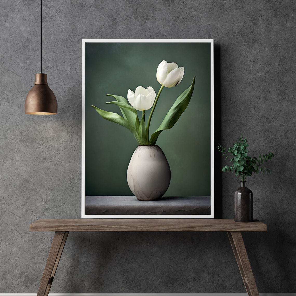 White Tulips In Gray Vase Moody Dark Botanical Photography Poster - Image 3