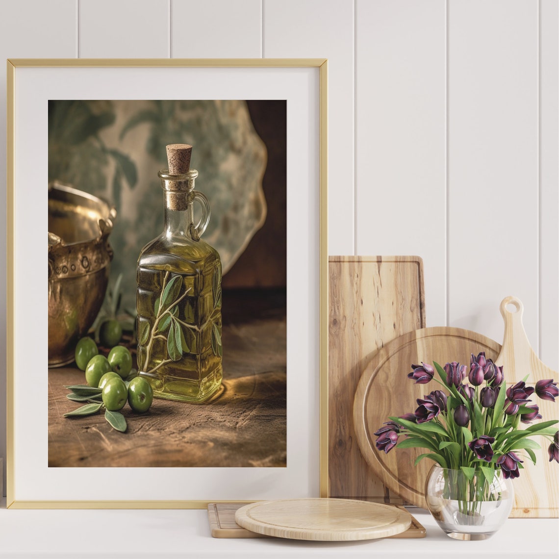 Olive Oil Glass Bottle Green Olives Rustic Kitchen Art Poster - Image 4