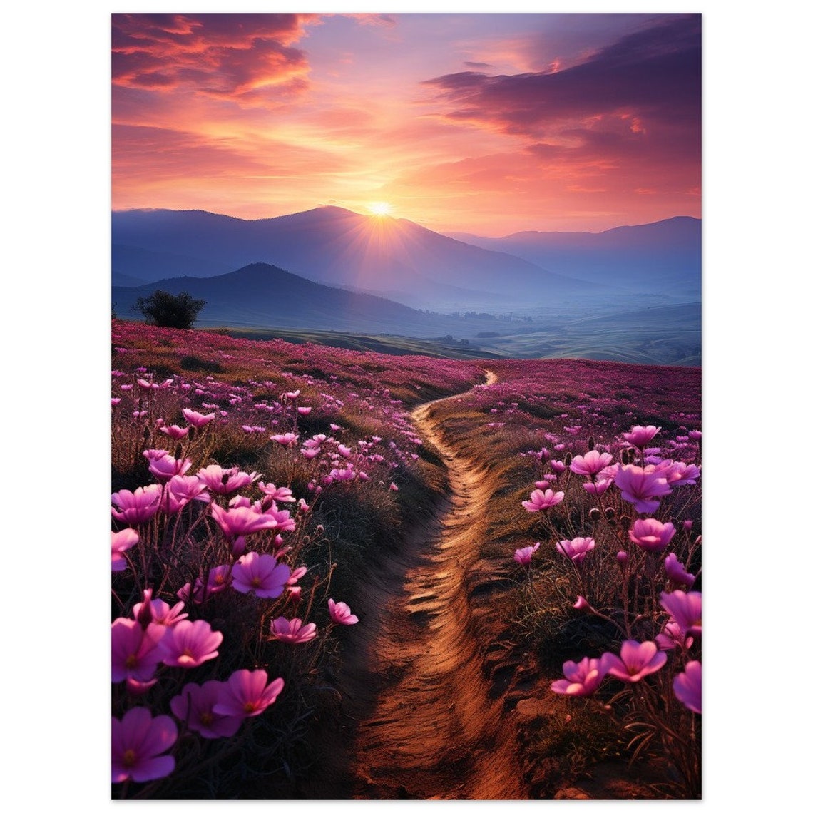 Sunset Mountain Path Pink Wildflower Field Nature Scenic Poster - Image 2