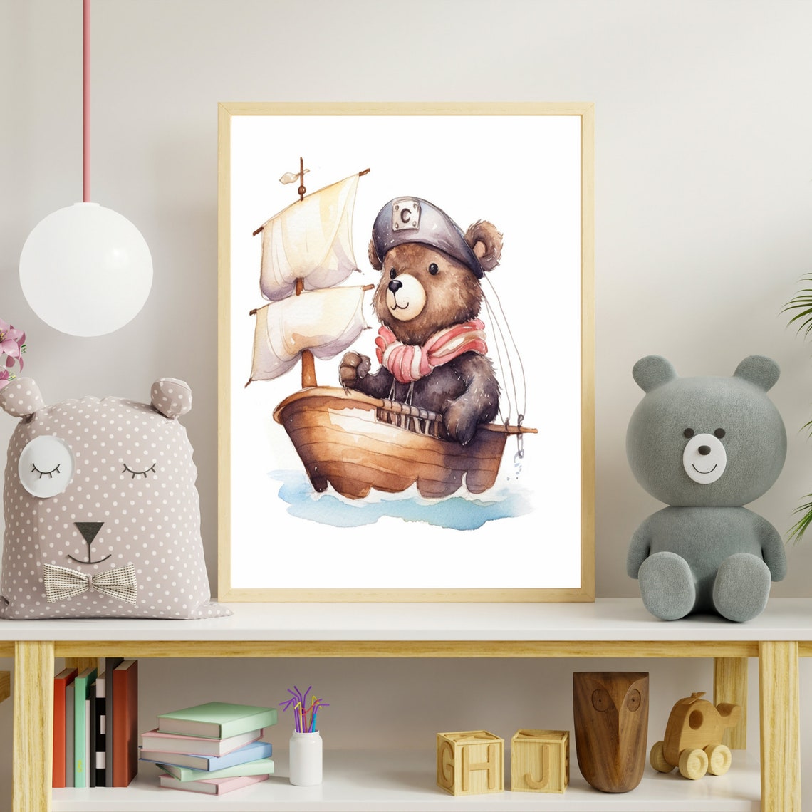 Cute Baby Bear Sailor Captain On Ship Watercolor Nursery Poster - Image 3