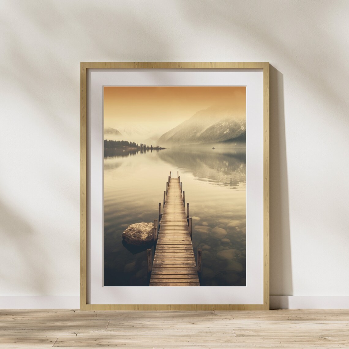 Serene Wooden Pier Into Misty Mountain Lake Calm Dawn Poster