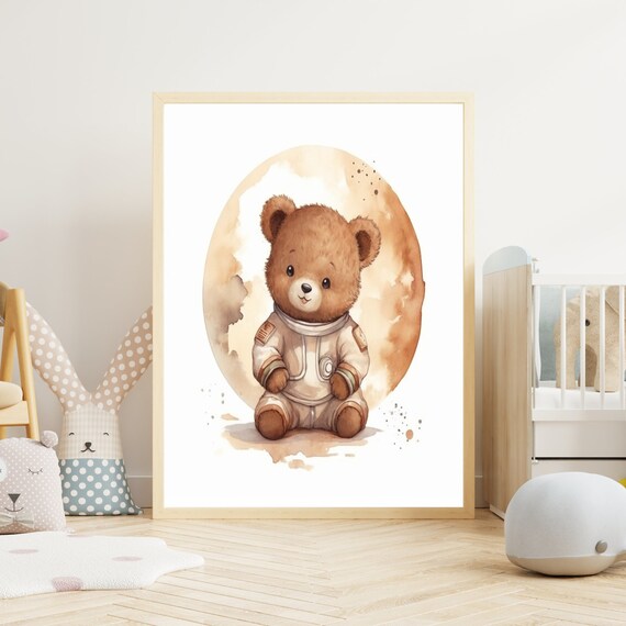 Teddy Bear Astronaut Watercolour Cute Kids Room Nursery Poster