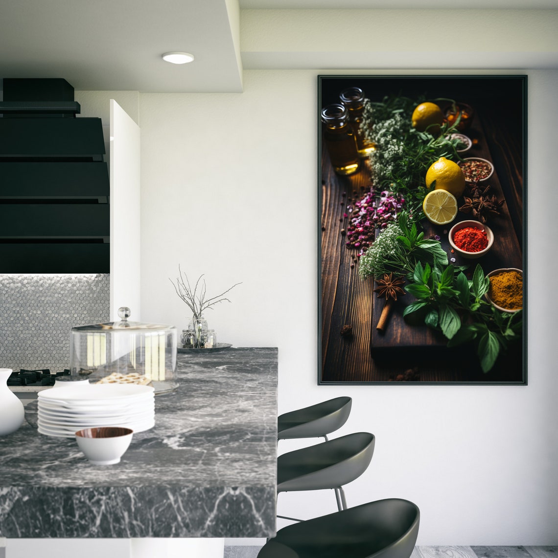 Moody Herbs Lemons Spices Oils Rustic Dark Wood Still Life Poster - Image 3