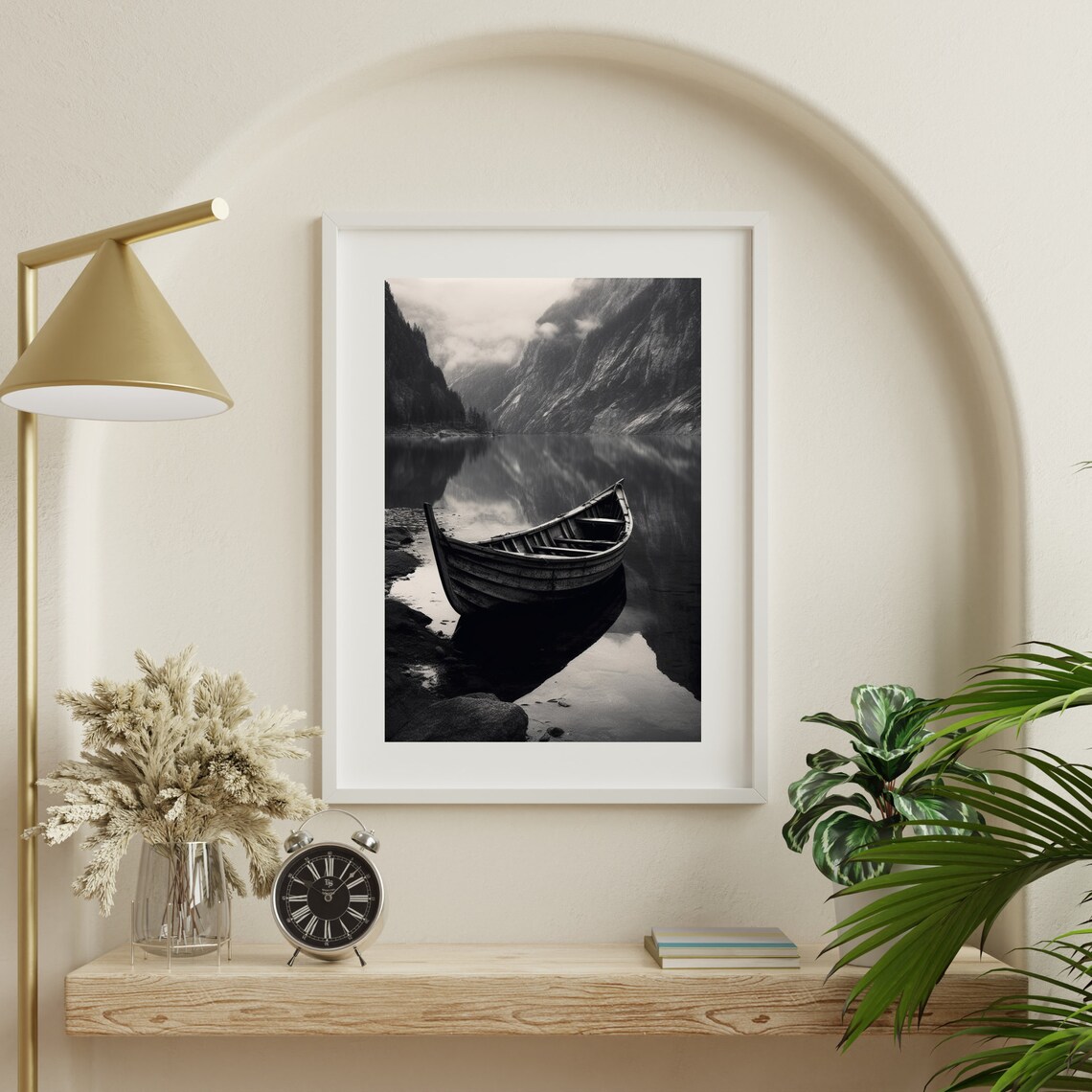 Old Wooden Rowboat Black White Misty Mountain Lake Art Poster - Image 3