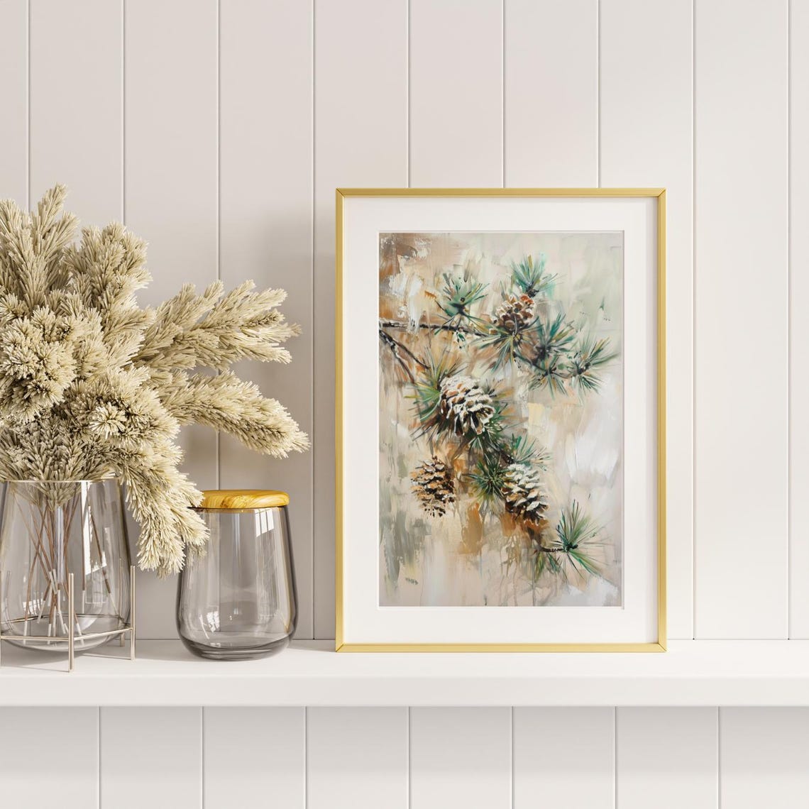 Pine Cones Branches Loose Painterly Winter Botanical Art Poster - Image 3