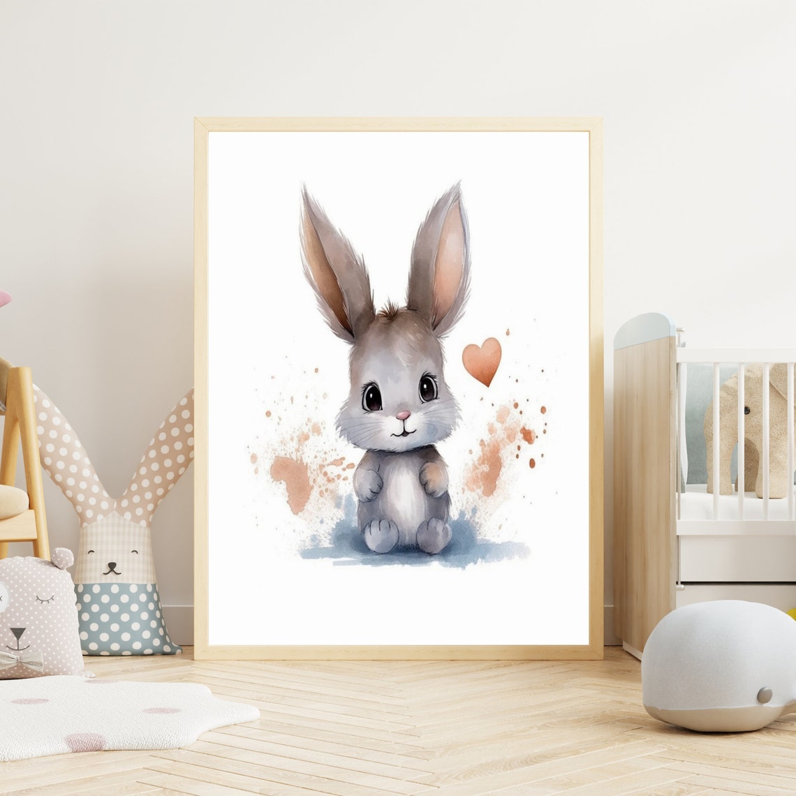 Sweet Cute Grey Bunny Rabbit with Heart Watercolor Nursery Poster