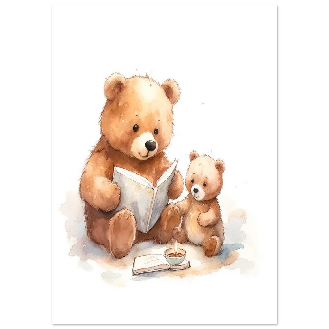 Teddy Bears Reading by Candlelight Watercolor Nursery Art Poster - Image 2