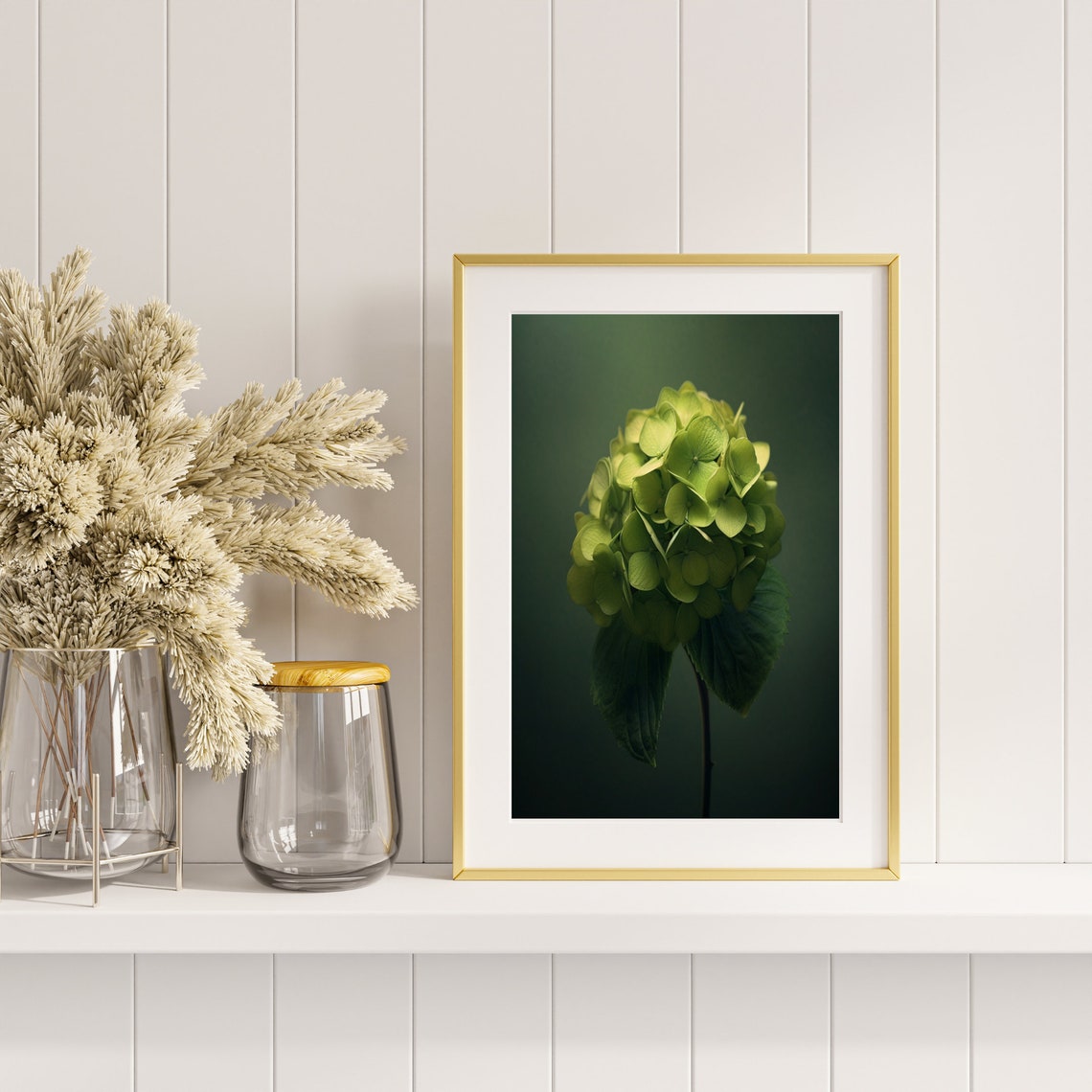Green Hydrangea Blossom Dark Moody Botanical Photography Wall Art - Image 4