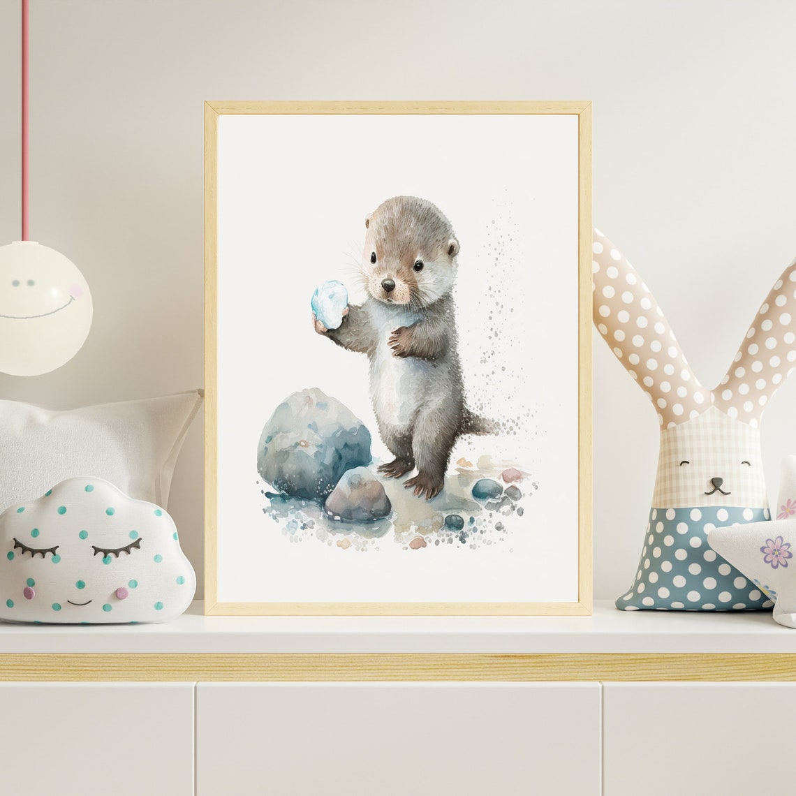 Baby Otter Holding Stone Standing On Rocks Watercolor Nursery Poster - Image 4