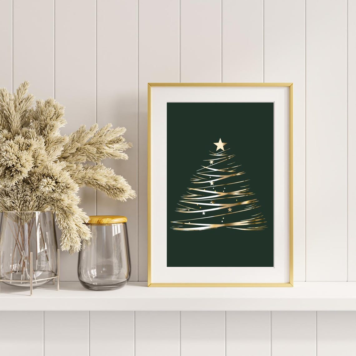 Modern Gold Christmas Tree Line Art Dark Green Holiday Poster - Image 3