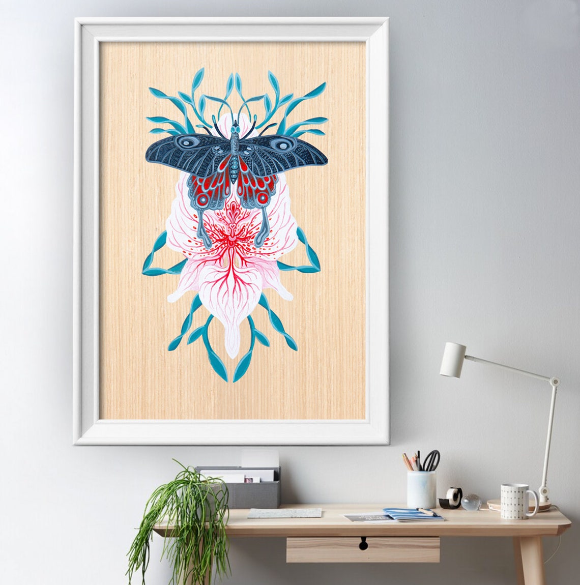 Midnight Blue Butterfly Over Red Veined Orchid Tropical Art Poster - Image 4