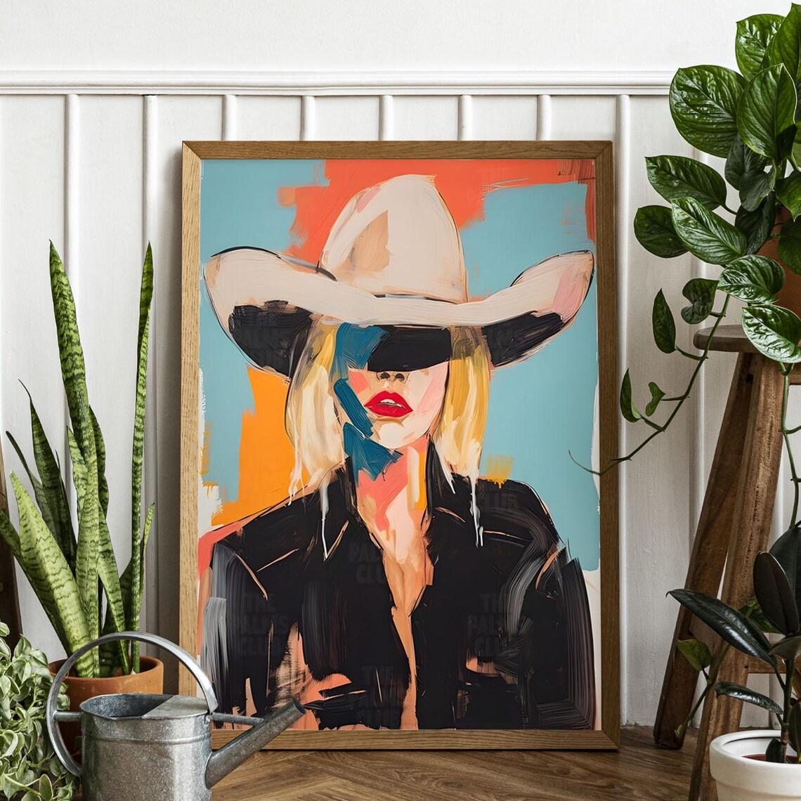 Bold Abstract Cowgirl Hat Portrait Red Lips Western Art Print